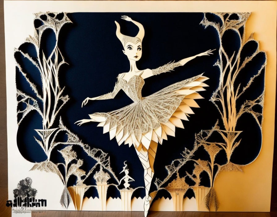 Detailed paper-cut art of ballet dancer with stylized trees in black and white