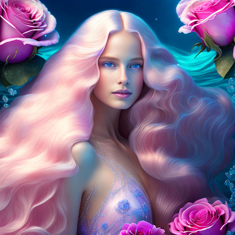 Fantasy illustration of woman with pink hair, blue eyes, surrounded by roses on blue background
