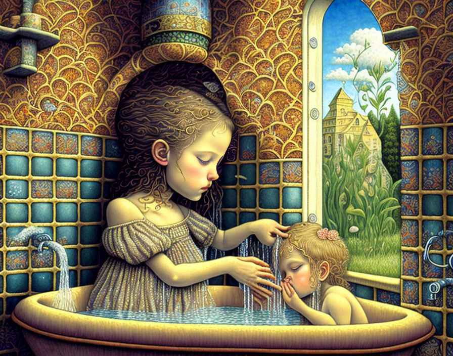 Illustration of girl bathing child in basin with ornate patterns and whimsical landscape.