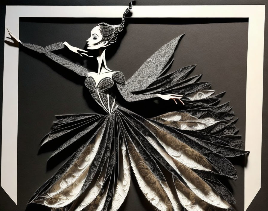 Monochromatic 3D paper art sculpture of a woman with wings