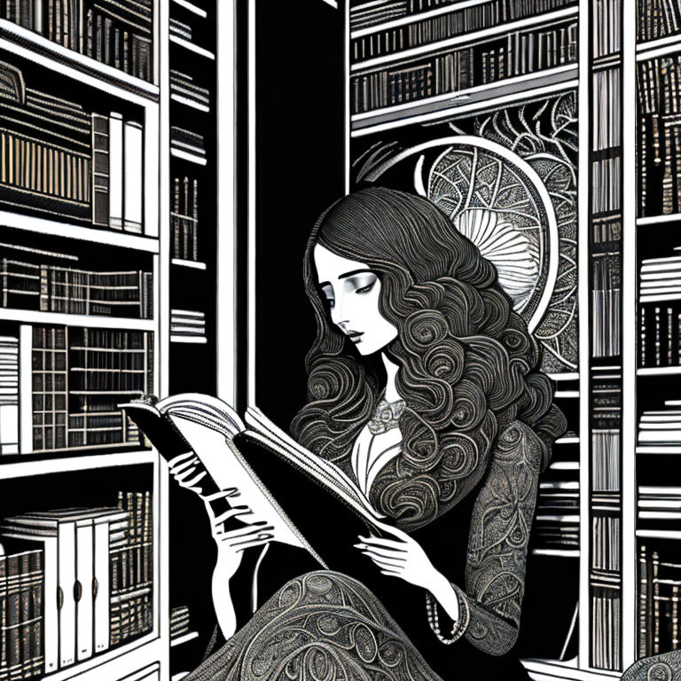 Illustrated woman with curly hair reading in black and white library setting