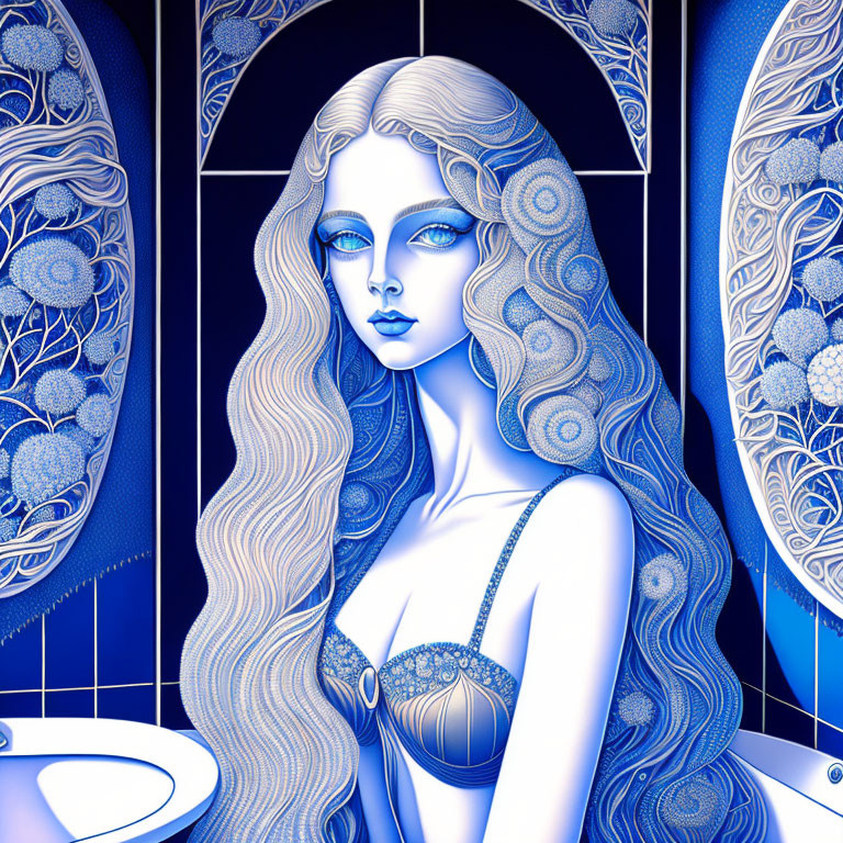 Digital portrait of woman with long wavy hair and blue skin in intricate monochromatic design