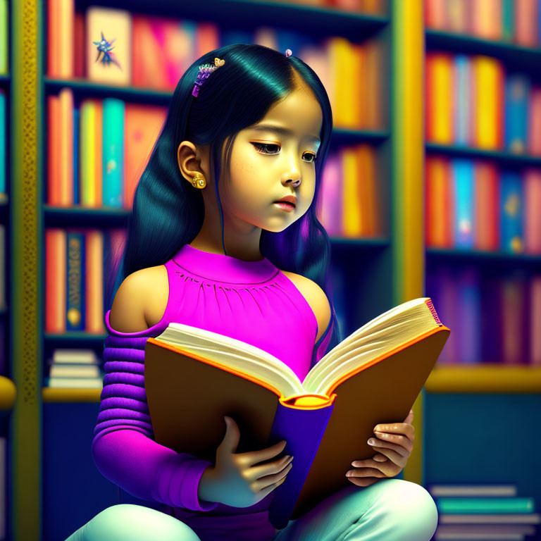 Young girl reading book surrounded by colorful shelves