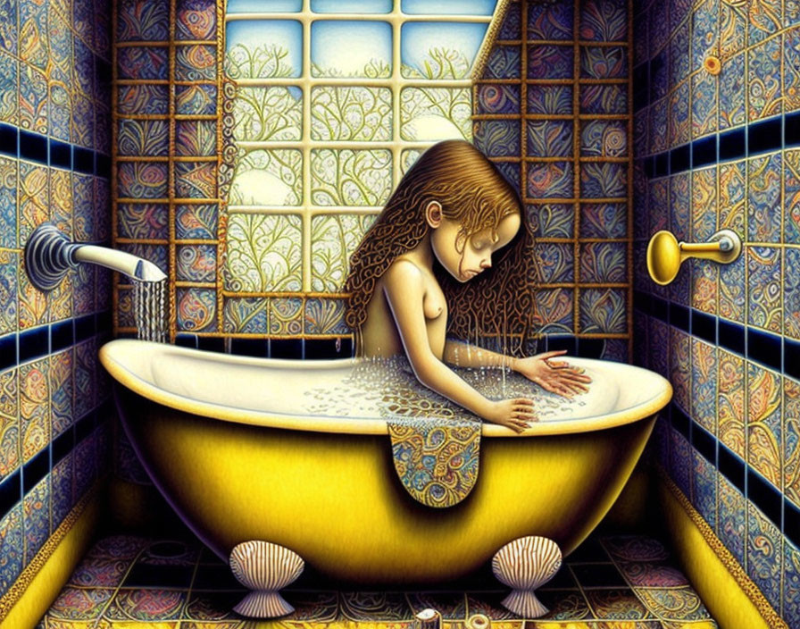 Illustration of girl in bathtub with long hair and blue tiles