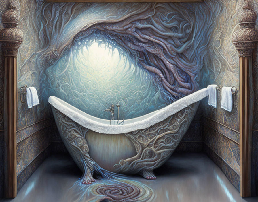 Ornate surreal bathroom with glowing orb and tree-like bathtub