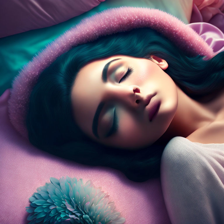 Dark-haired woman peacefully sleeping on pink pillow with soft light glow