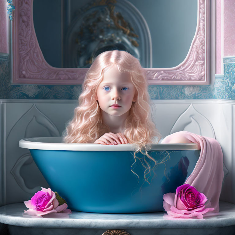 Blond girl in blue bathtub with pink roses in Victorian bathroom