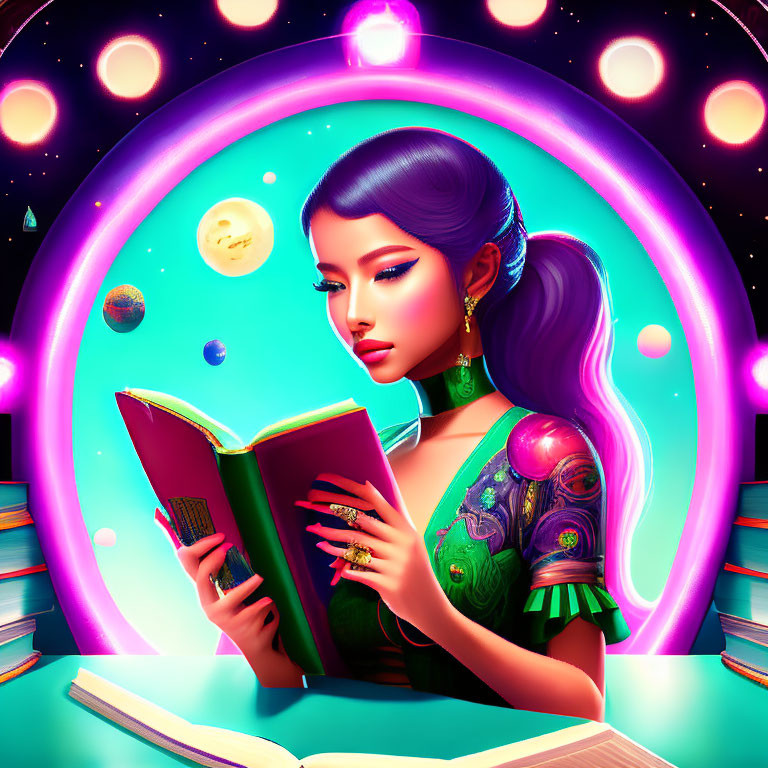 Colorful cosmic illustration of woman reading book among planets