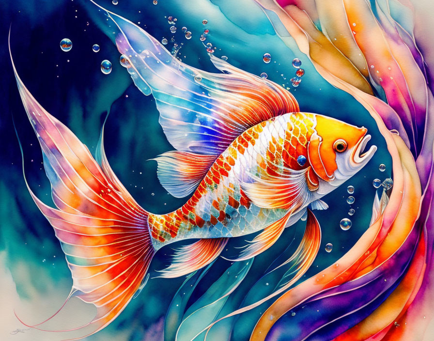Colorful watercolor painting of orange and white koi fish swimming in bubbly water with abstract elements