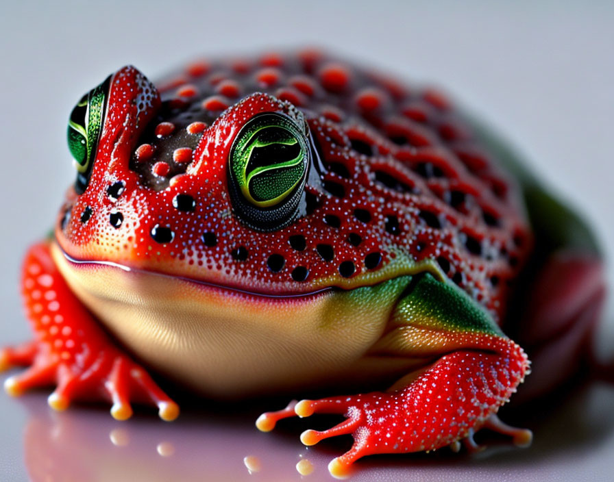 Vibrant frog with red dots and green eyes on neutral backdrop