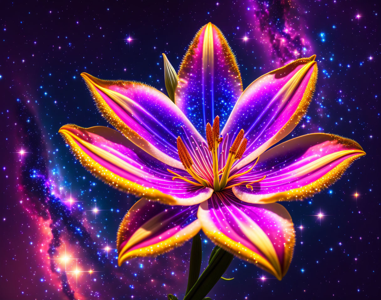 Colorful digital artwork: Purple and yellow lily on starry galaxy backdrop