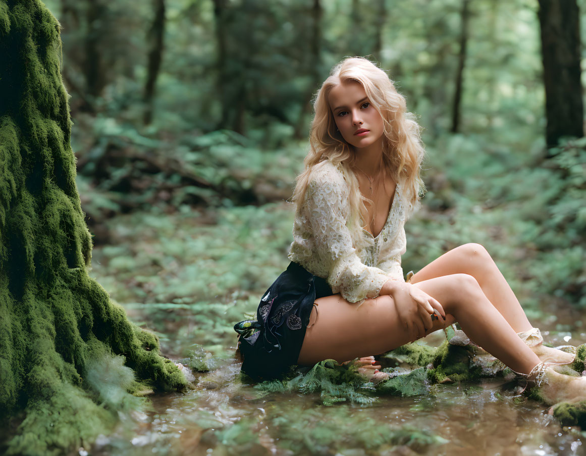 Blonde woman in lace top and shorts sitting in forest setting