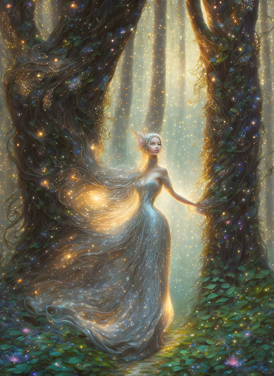 Ethereal woman in radiant gown surrounded by light and stardust in enchanted forest