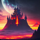 Glowing castle on volcanic mountain under massive moon in red and purple sky