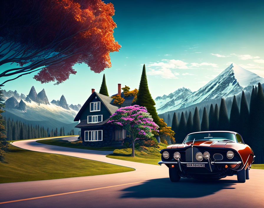 Vintage car parked by colorful trees and snowy mountains in front of quaint house