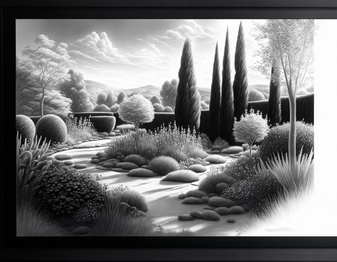 Monochrome landscape with serene garden and cloud-streaked sky