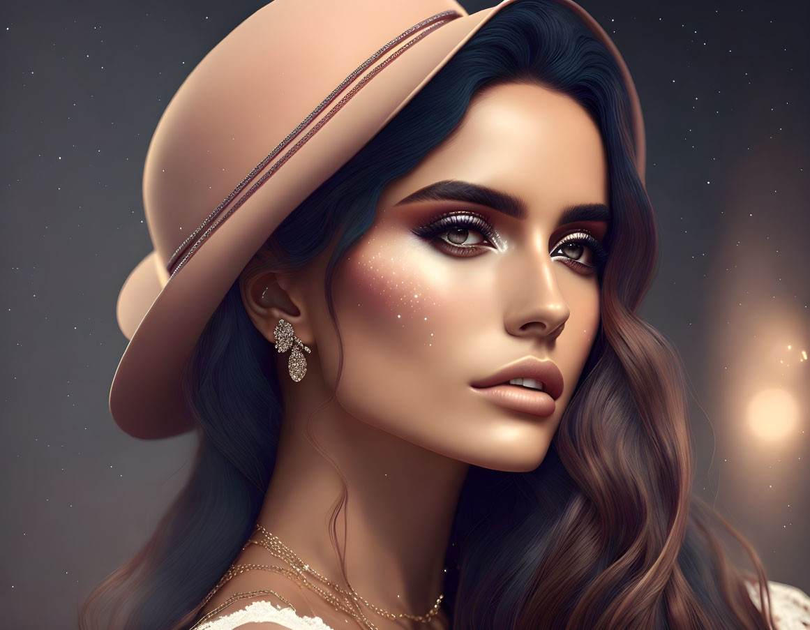 Portrait of woman with long wavy hair, hat, sparkling makeup, and earring.