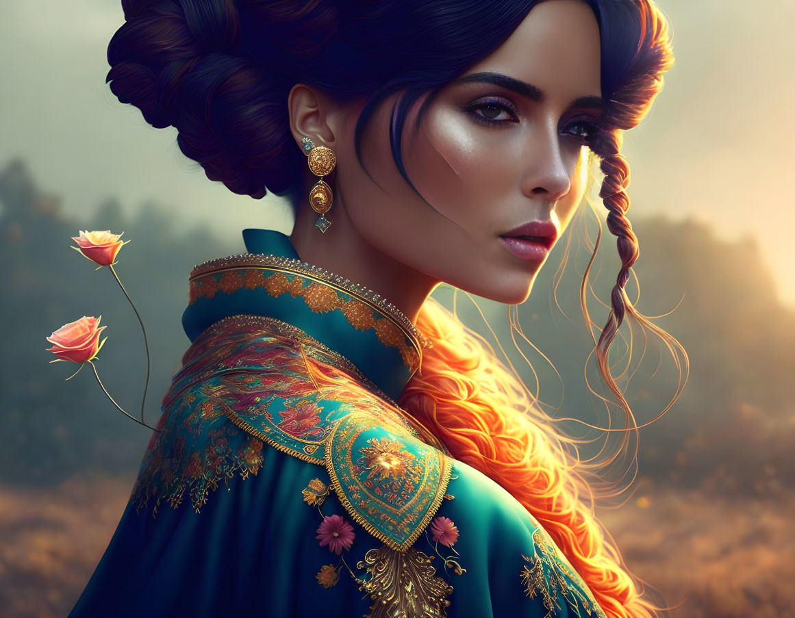 Digital artwork of a woman in ornate teal and gold attire with styled hair in serene expression, set