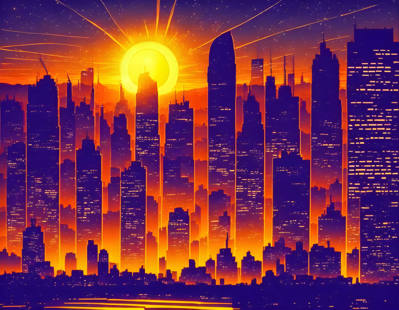 Fiery sunset cityscape with silhouetted skyscrapers