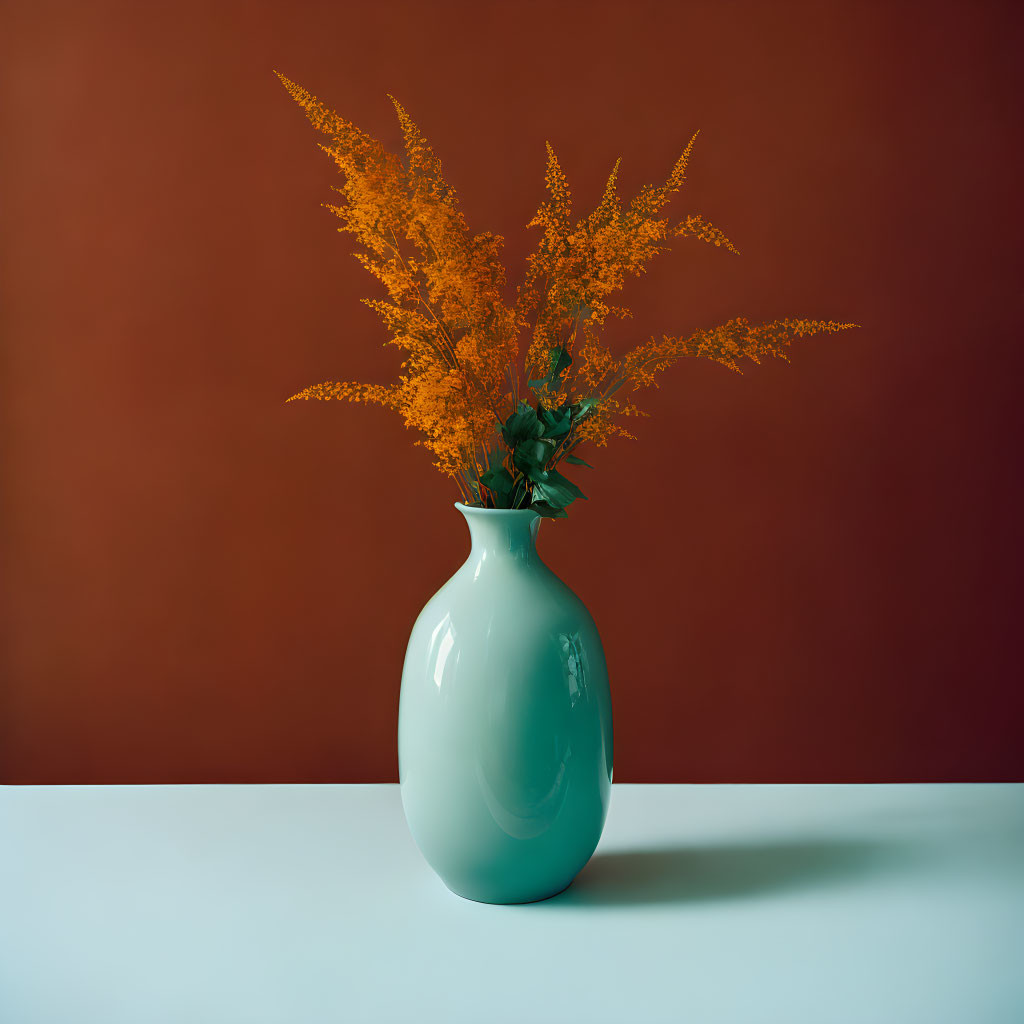 Turquoise Vase with Yellow Flowers on Terracotta Background