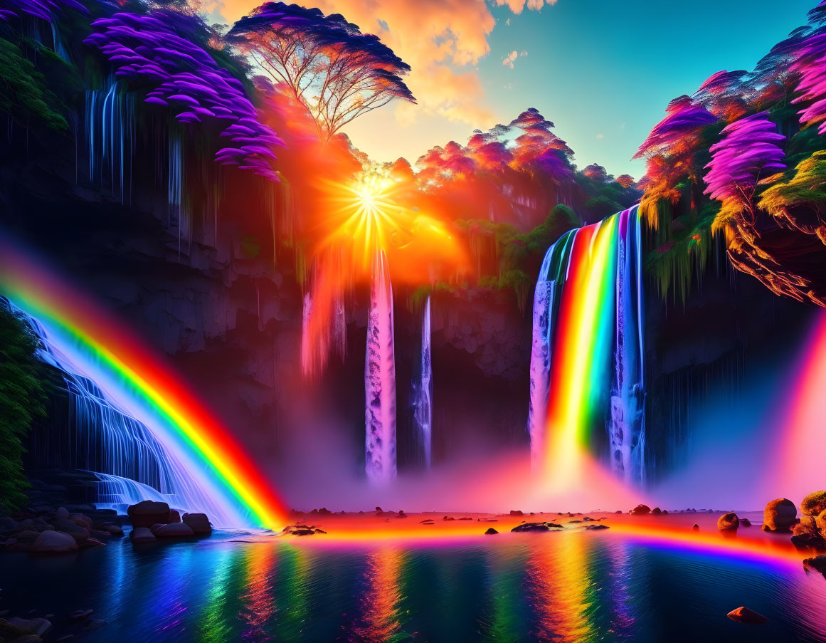 Colorful fantasy landscape with sunrise, waterfalls, rainbow, and vibrant foliage