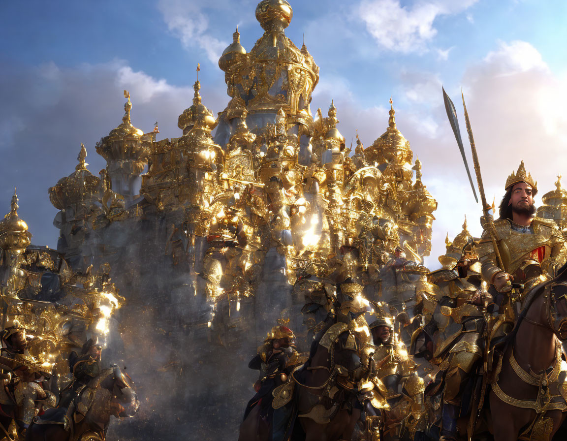 Regal figure on horseback leads golden-armored cavalry with majestic church in dramatic sky