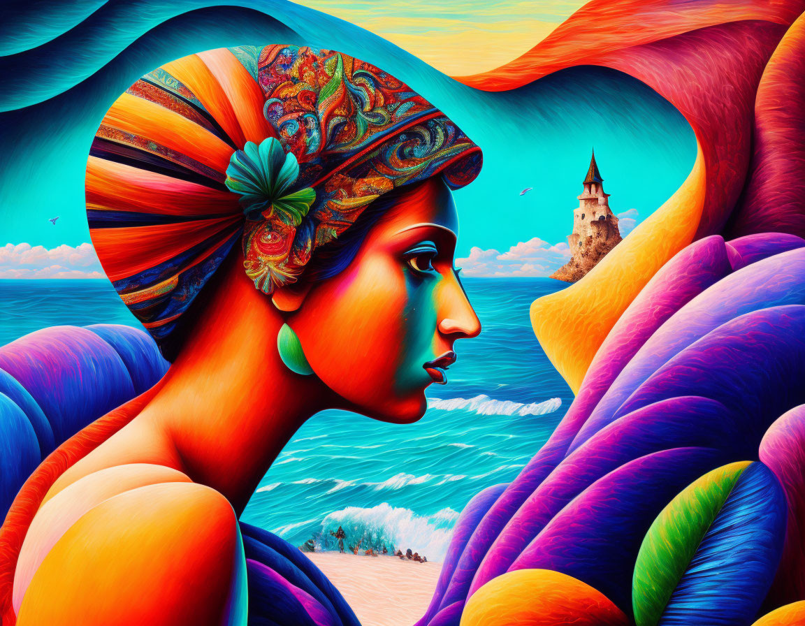 Colorful digital artwork: Woman with headdress gazing at fantasy coastal castle