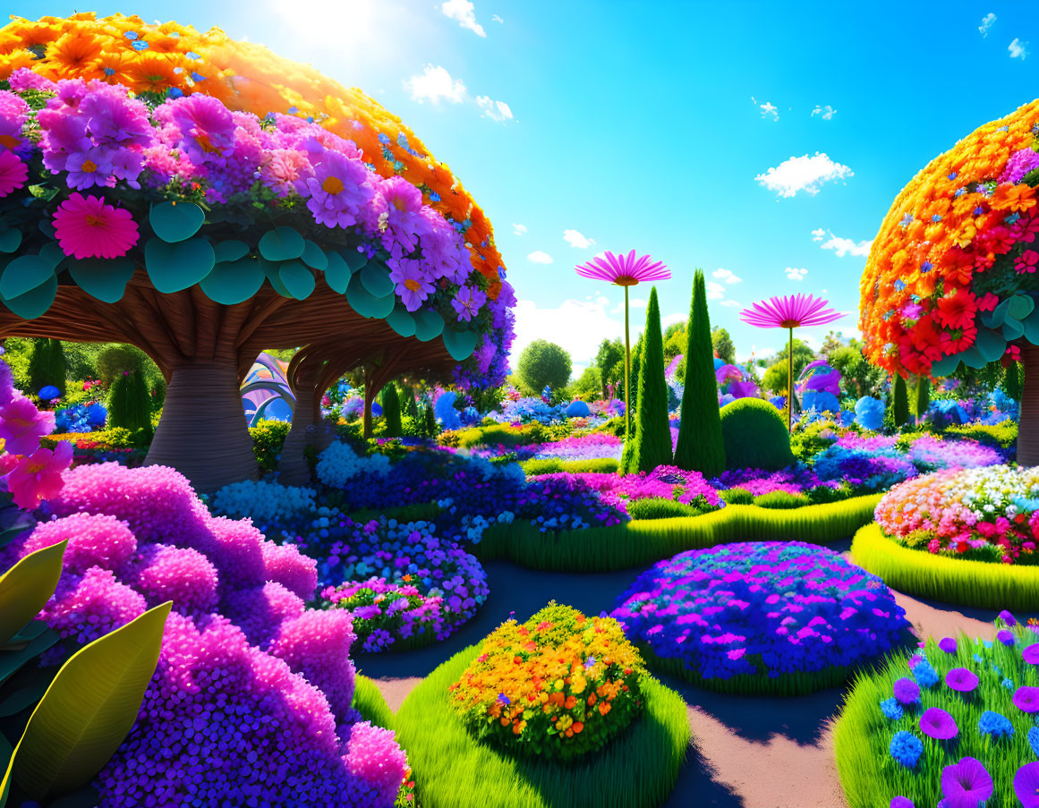 Colorful Fantasy Garden with Oversized Flowers and Whimsical Trees