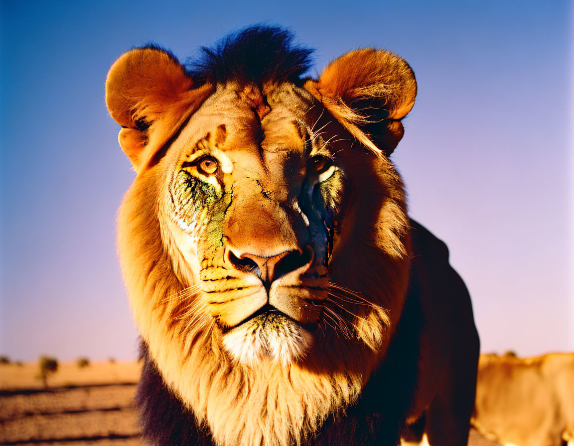 Majestic lion with golden mane against blue sky and arid land
