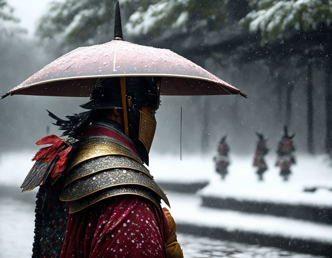 Traditional samurai in armor with red umbrella in snowfall.
