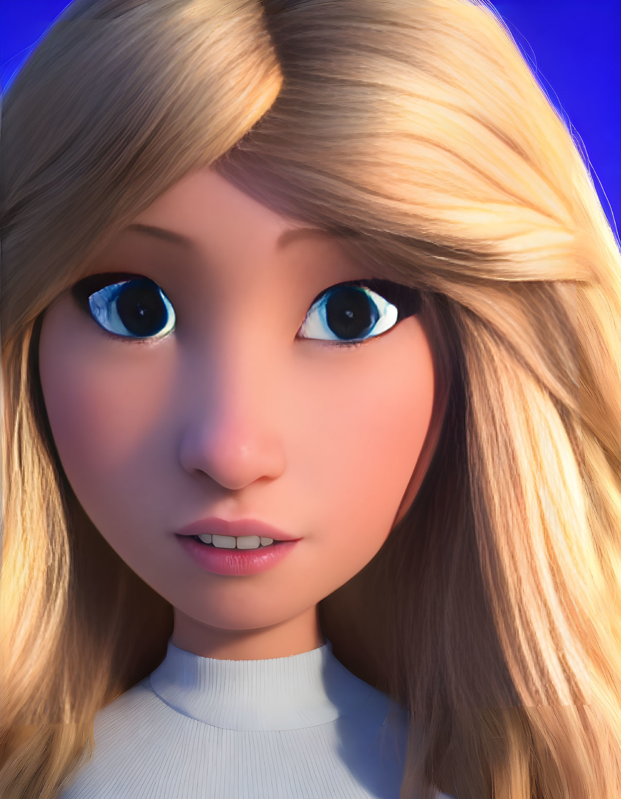 3D animated female character with blue eyes and blonde hair on blue background