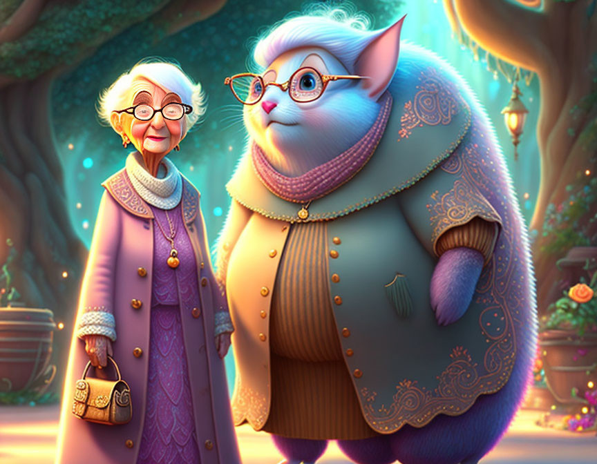 Elderly woman and anthropomorphic cat with glasses in glowing forest