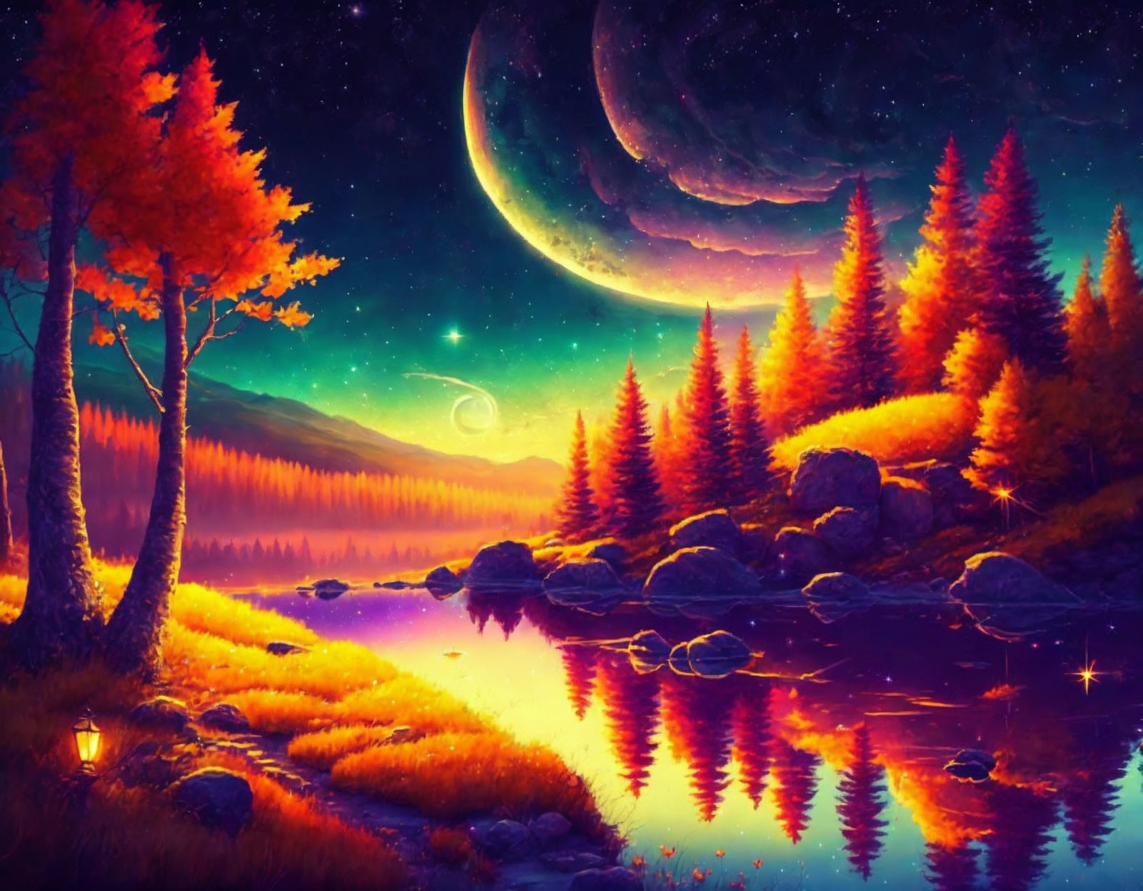 Vibrant fantasy night landscape with large moon, luminous autumn trees, reflective lake, and twink