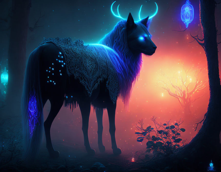 Blue mystical wolf with glowing markings and antlers in magical forest