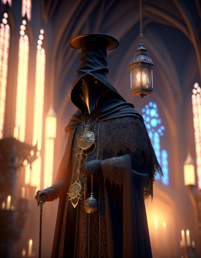 Cloaked figure with plague doctor mask in Gothic cathedral