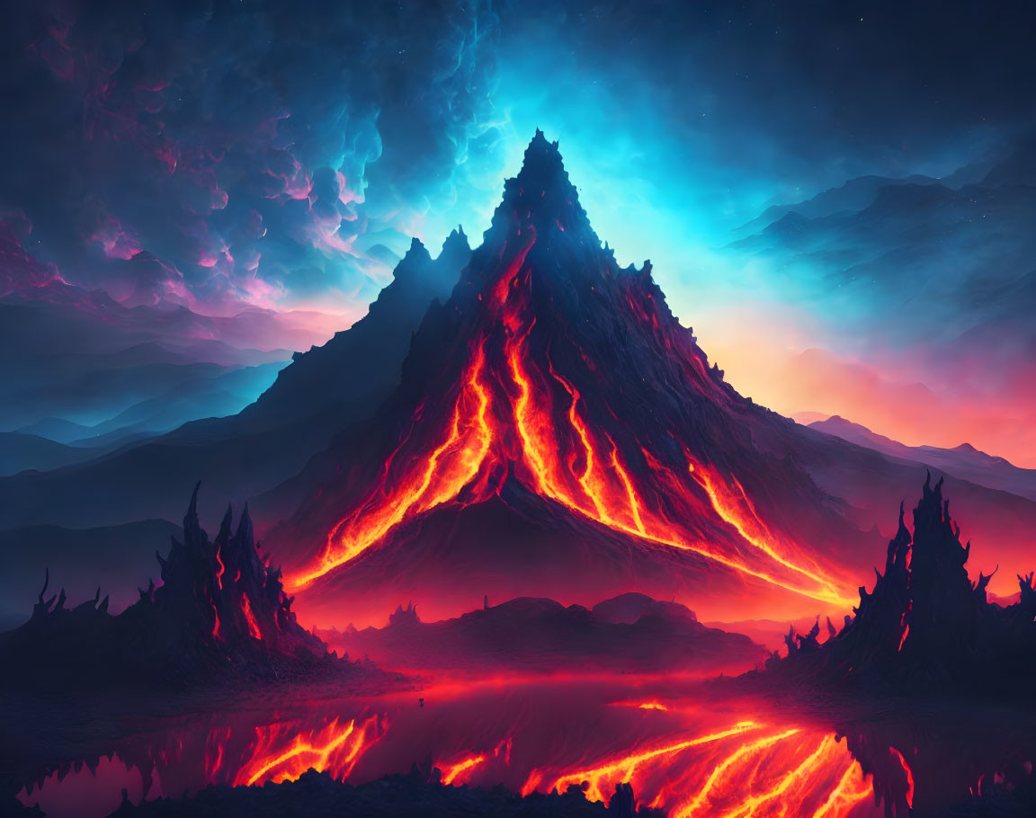 Ethereal digital art scene of glowing lava rivers and cosmic sky