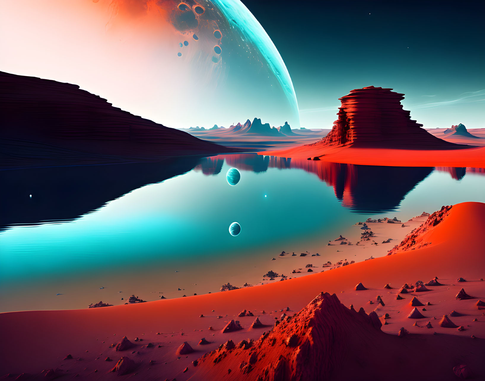 Alien landscape with red sand, reflective lake, and celestial bodies