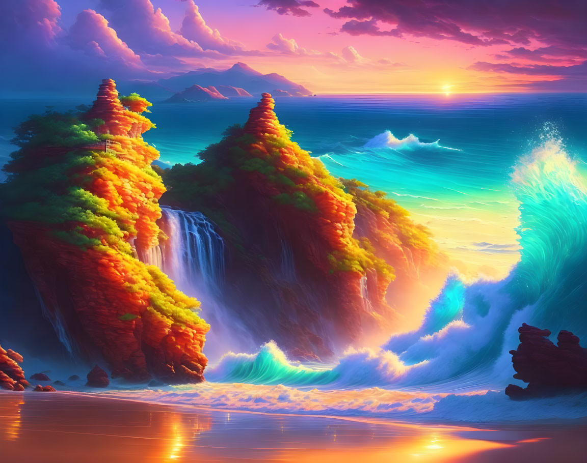 Vibrant digital artwork: Sunset over fantasy seaside with glowing waterfalls, fiery cliffs, and energetic