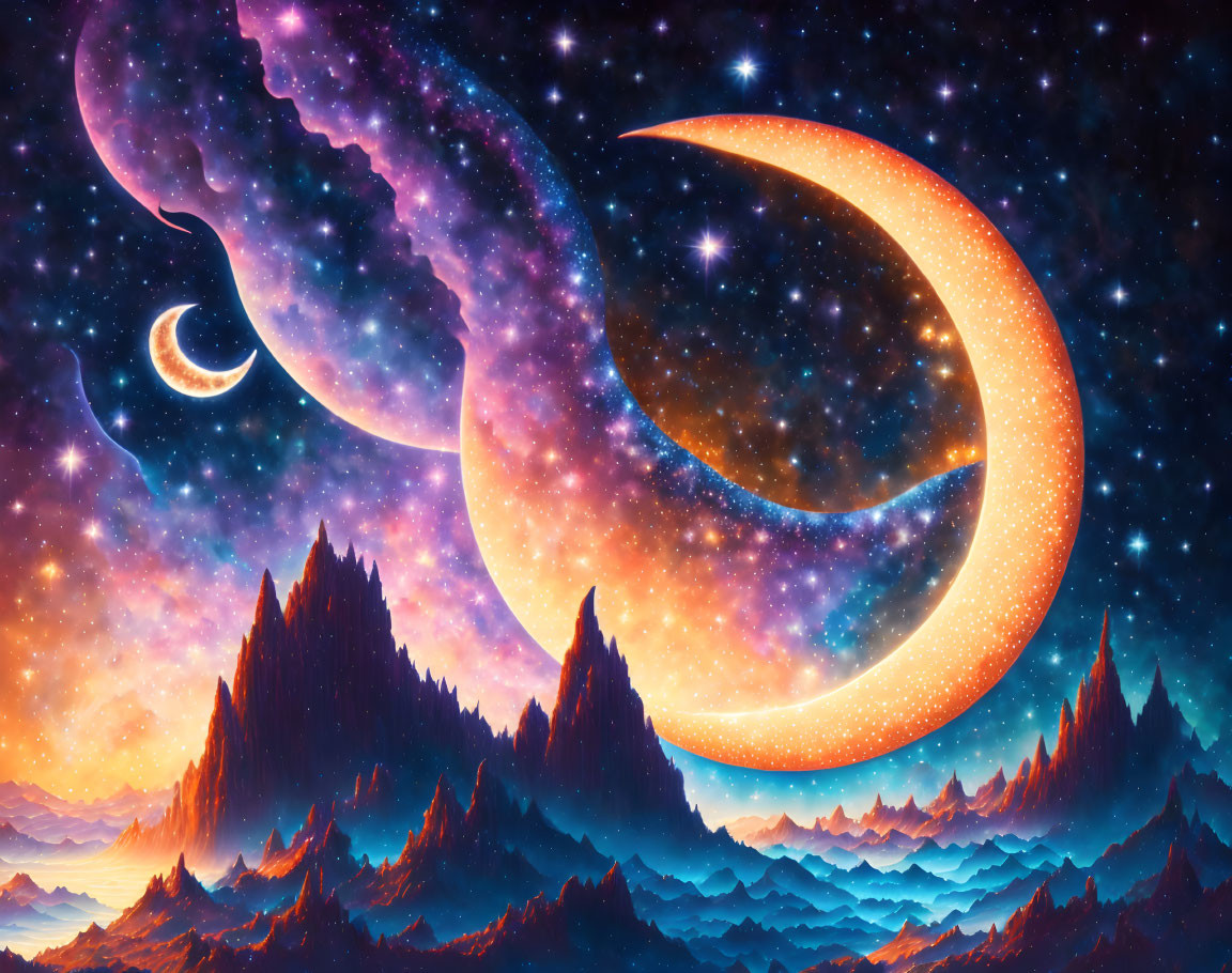 Fantasy landscape digital art: colorful nebulae, crescent moons, starry sky