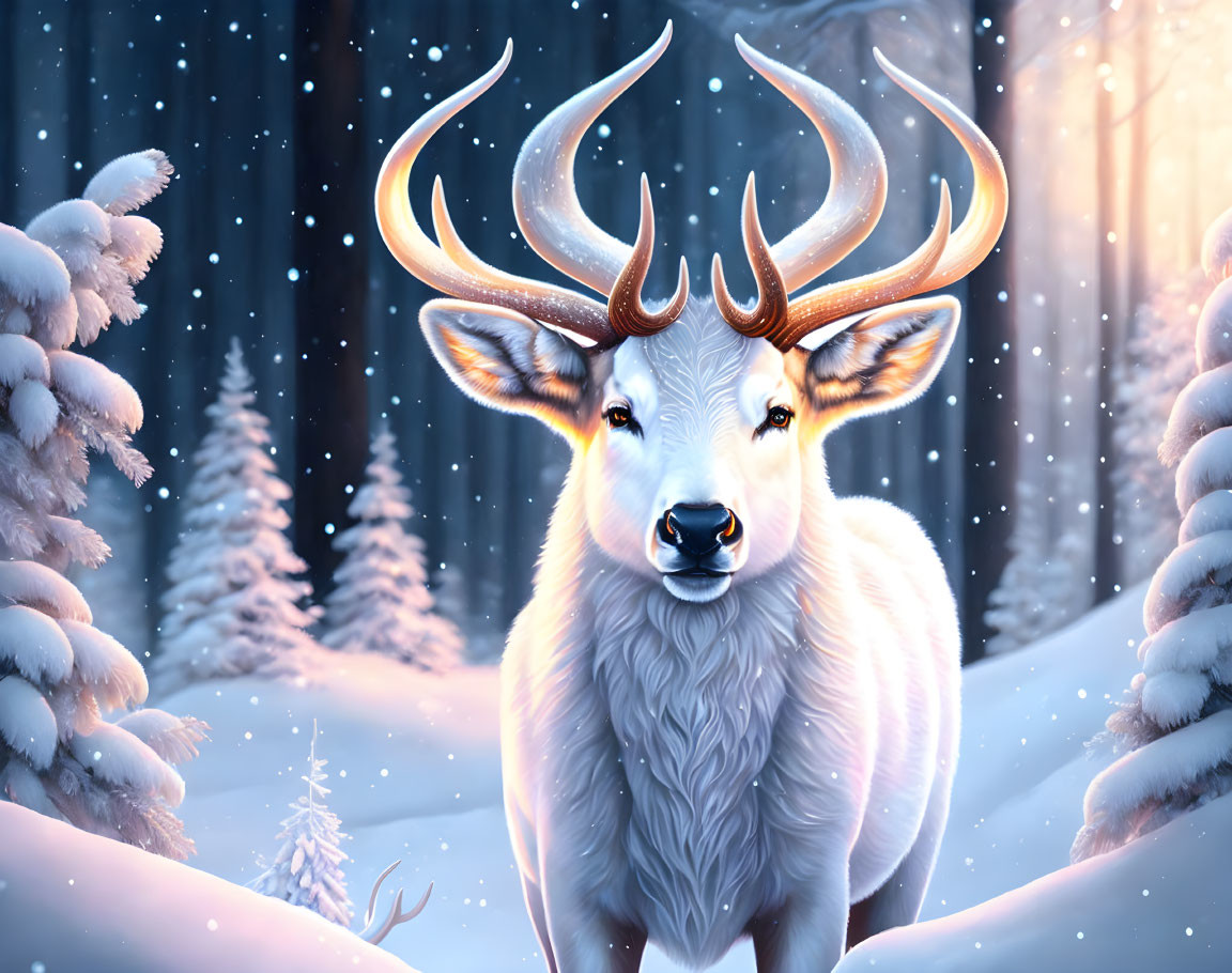 Majestic white stag with intricate antlers in snowy forest
