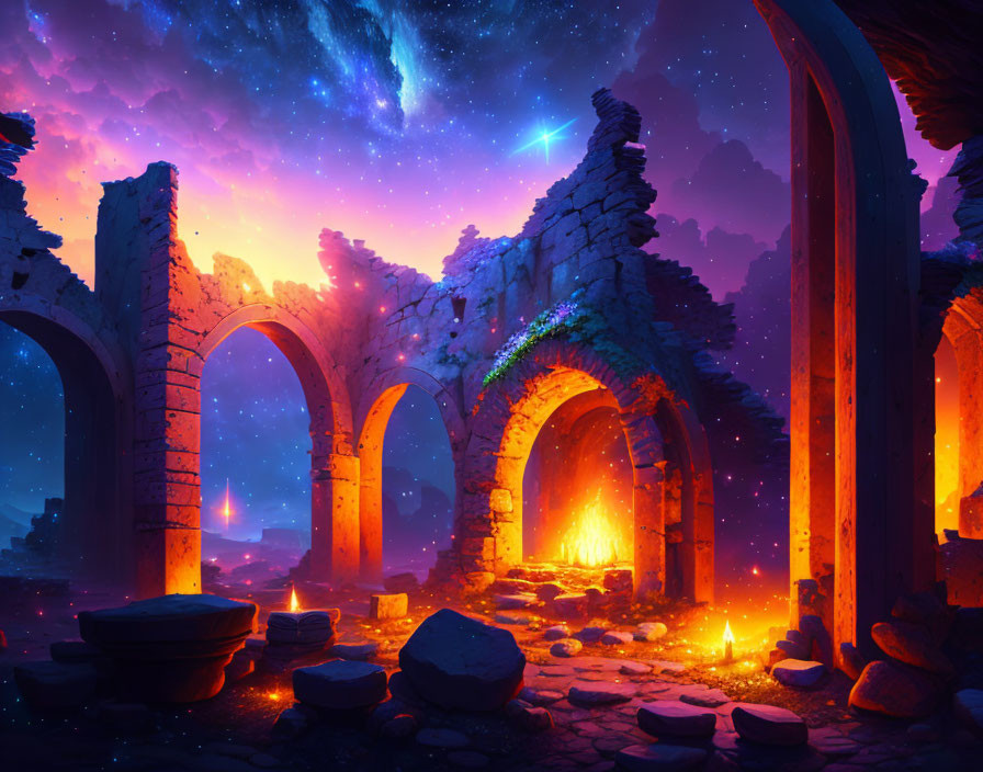 Ancient stone ruins under starry night sky with cosmic colors, archways, fire, and lights
