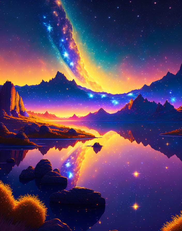 Vibrant digital artwork of luminous galaxy over mountainous night scene