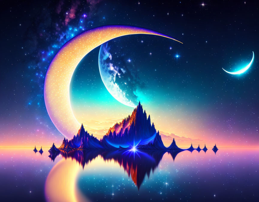 Fantasy landscape with two moons, starry sky, mountains, and serene water.