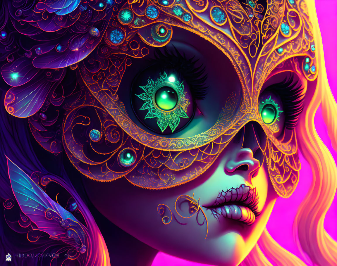Colorful Woman with Ornate Masquerade Mask on Purple Background