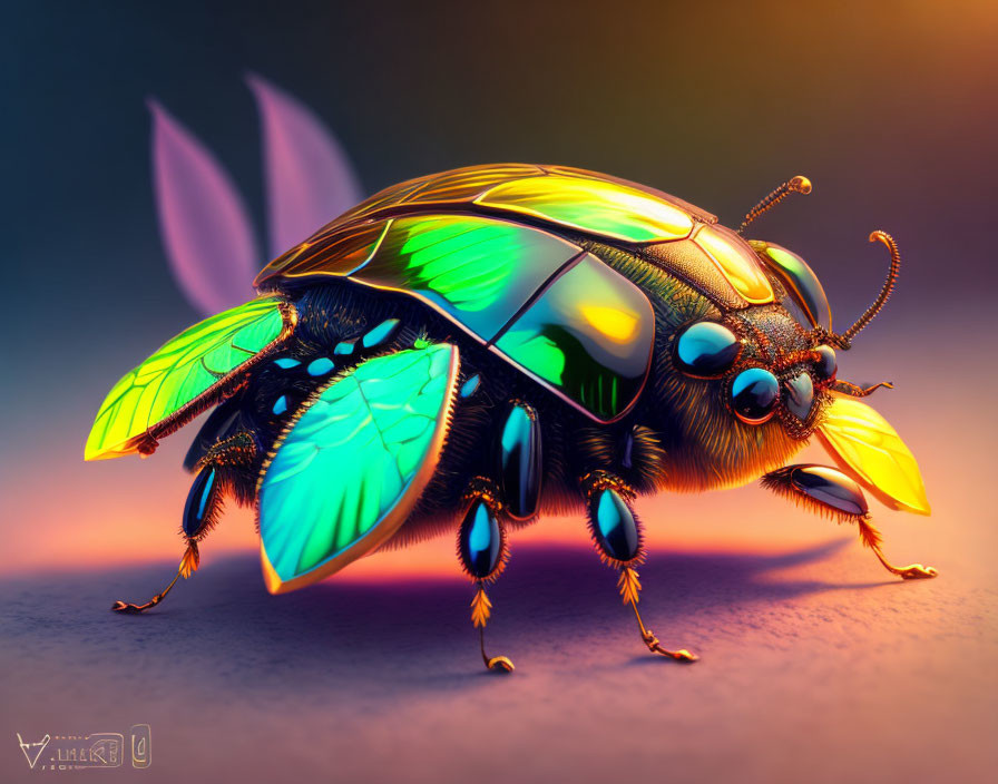 Colorful Stylized Bee Illustration with Iridescent Wings and Exaggerated Features
