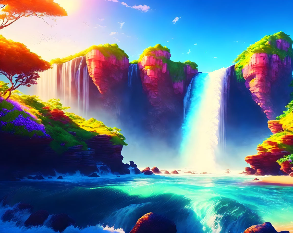 Majestic waterfall in vibrant, colorful landscape