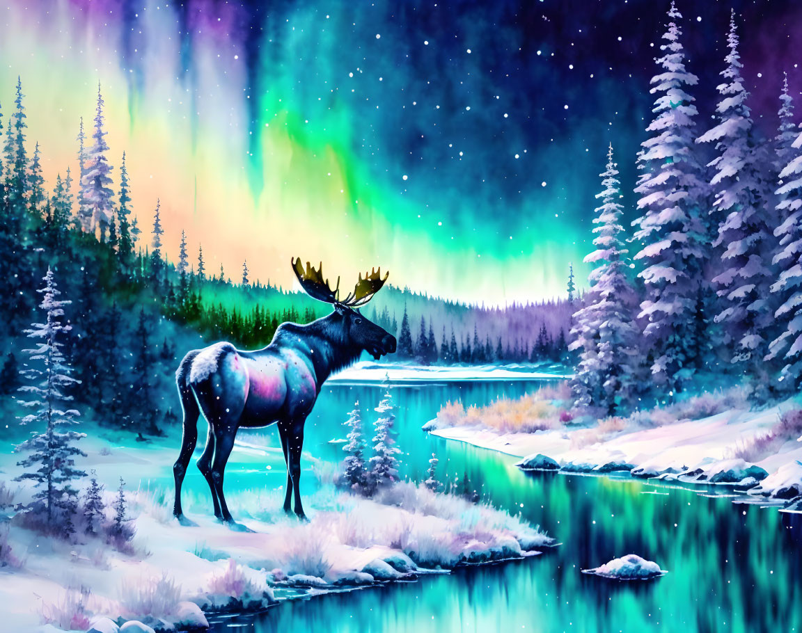 Moose in Snowy Riverbank Night Scene
