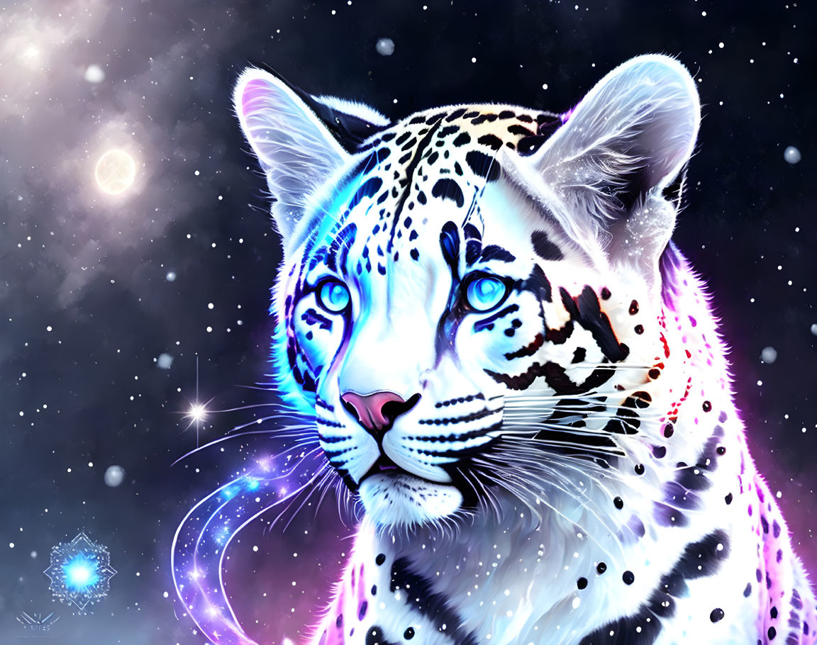 Snow leopard digital art: Blue-eyed feline with neon highlights on starry night sky.
