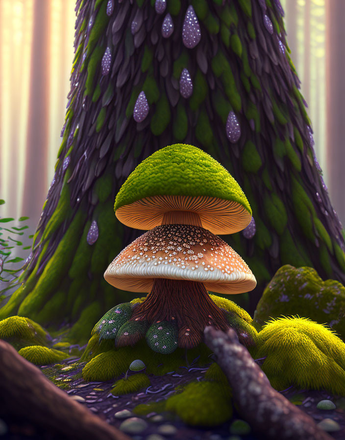 Detailed Forest Scene: Mushrooms, Tree Trunk, Moss, Pebbles, Soft Lighting