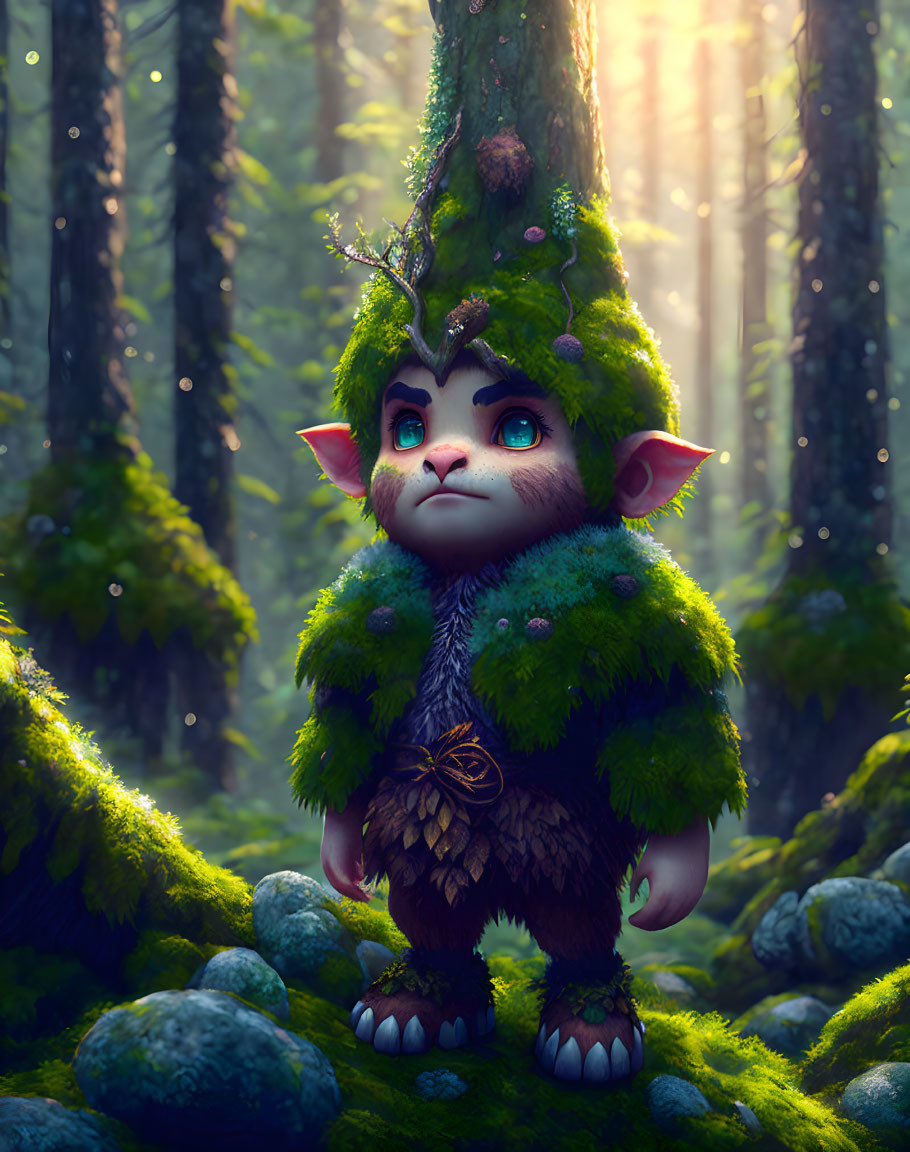 Furry creature with pointed ears in mossy forest